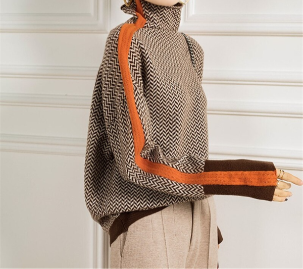 Eleanor | Women's Herringbone Turtleneck Wool-Blend Knit Sweater