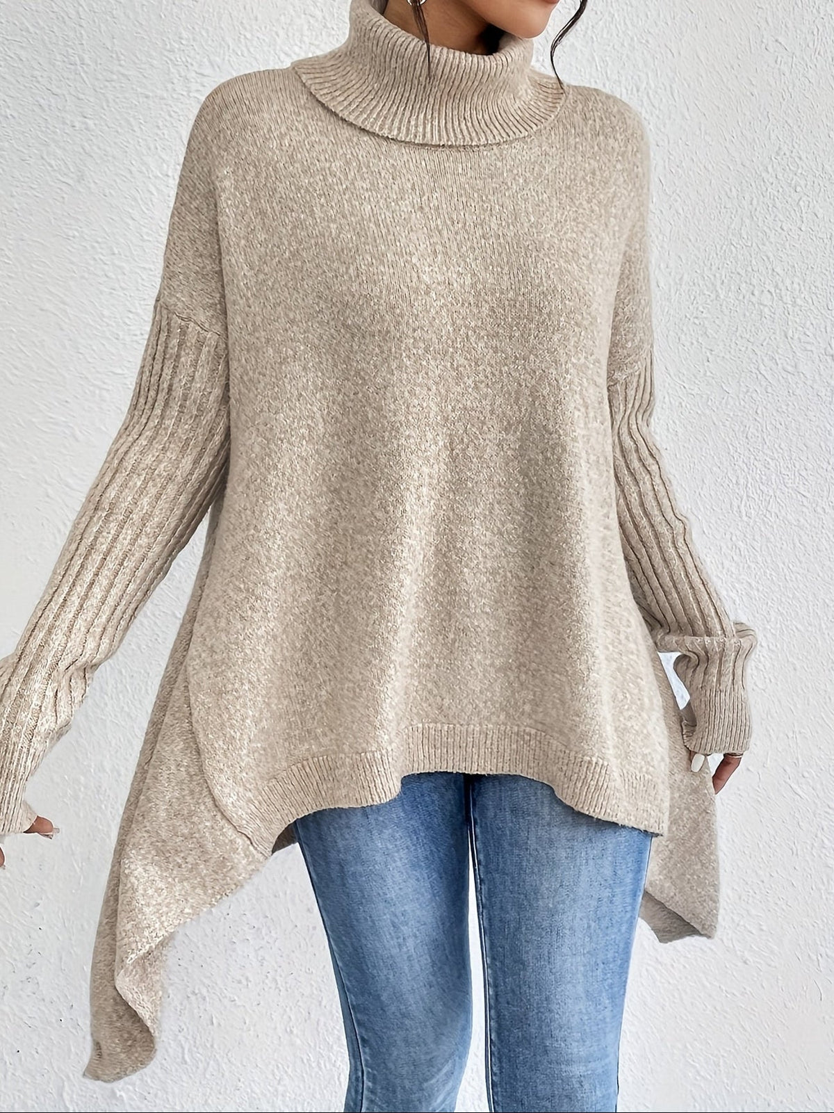 Audrey | Women's High Neck Asymmetrical Drape Knit Sweater
