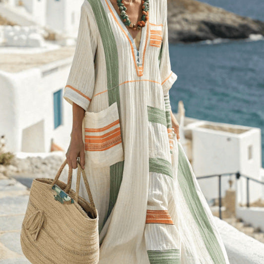 Robe Caftan "Diane" avec Rayures Vertes et Oranges