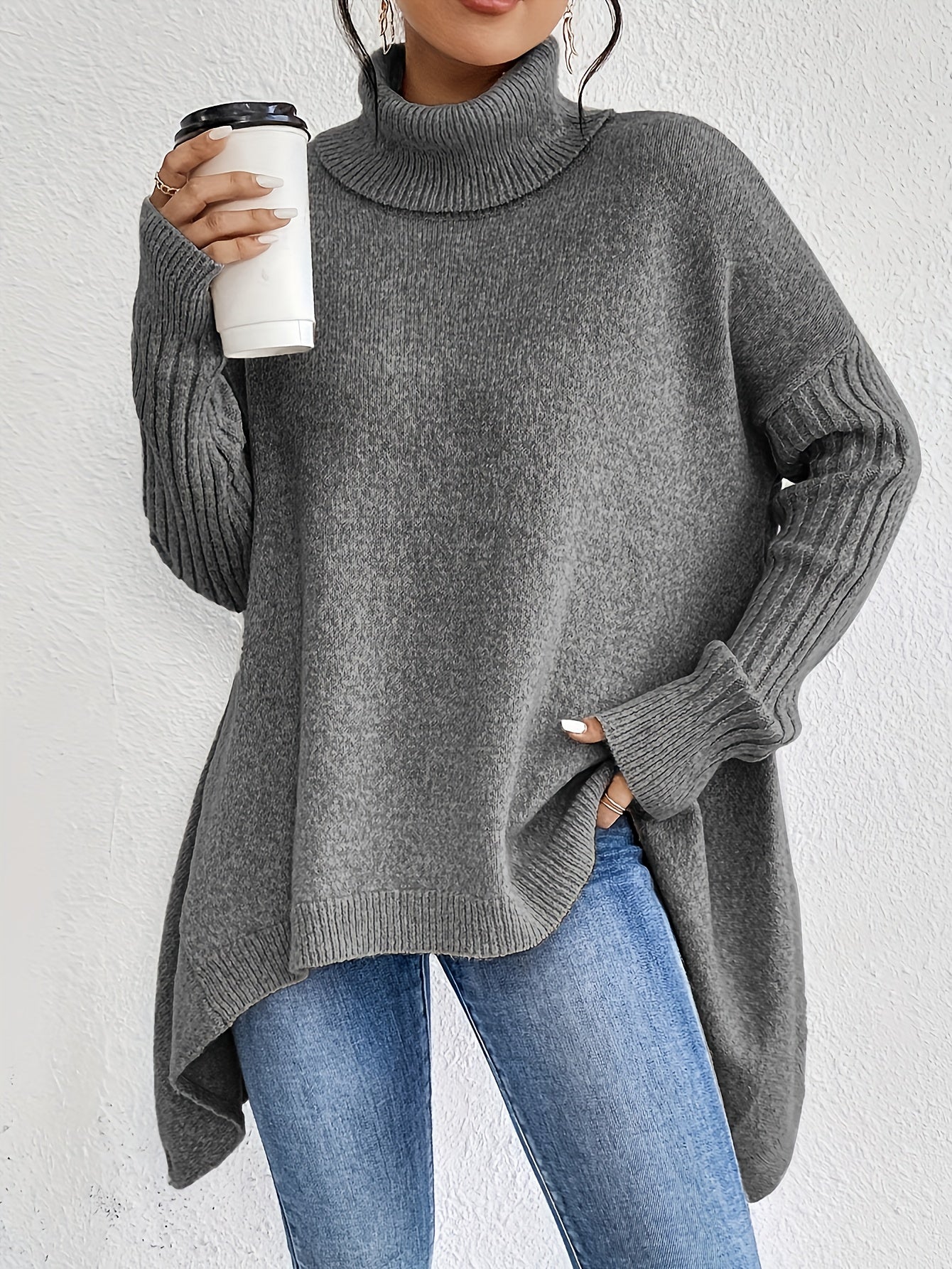 Audrey | Women's High Neck Asymmetrical Drape Knit Sweater