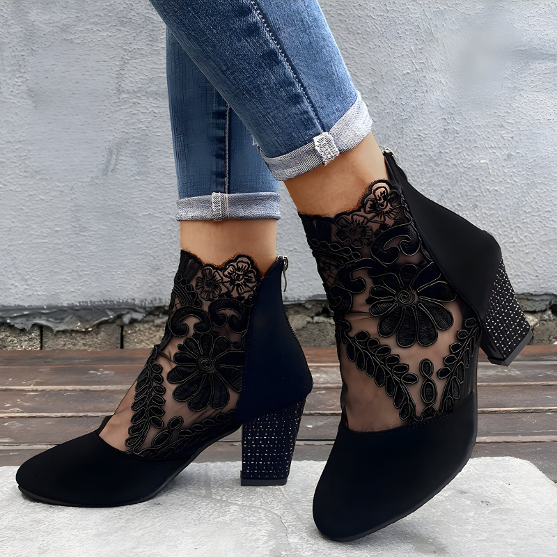 Marisol | Women's Floral Lace Mesh Block Heel Ankle Boots