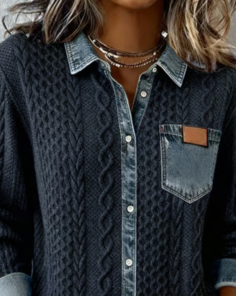 Juliane | Women's Denim-Trim Textured Relaxed Fit Knit Sweater