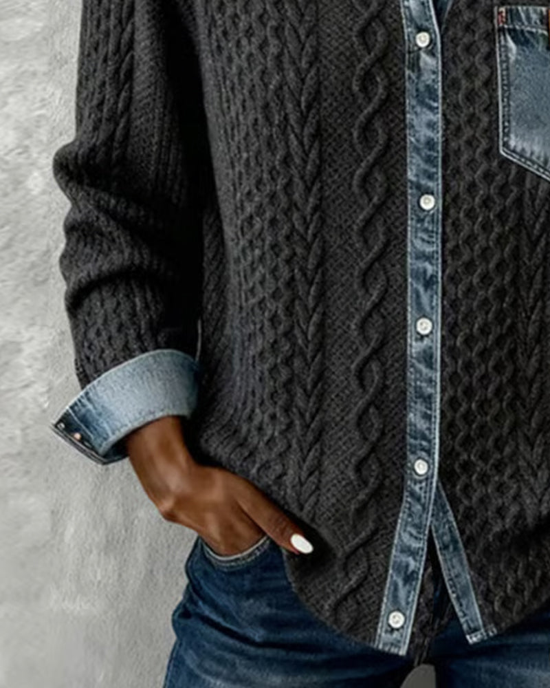 Juliane | Women's Denim-Trim Textured Relaxed Fit Knit Sweater
