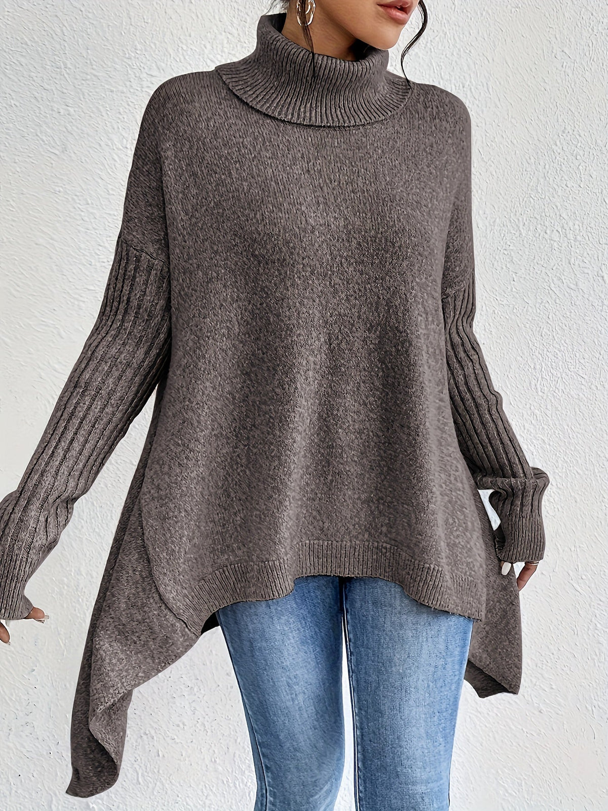 Audrey | Women's High Neck Asymmetrical Drape Knit Sweater