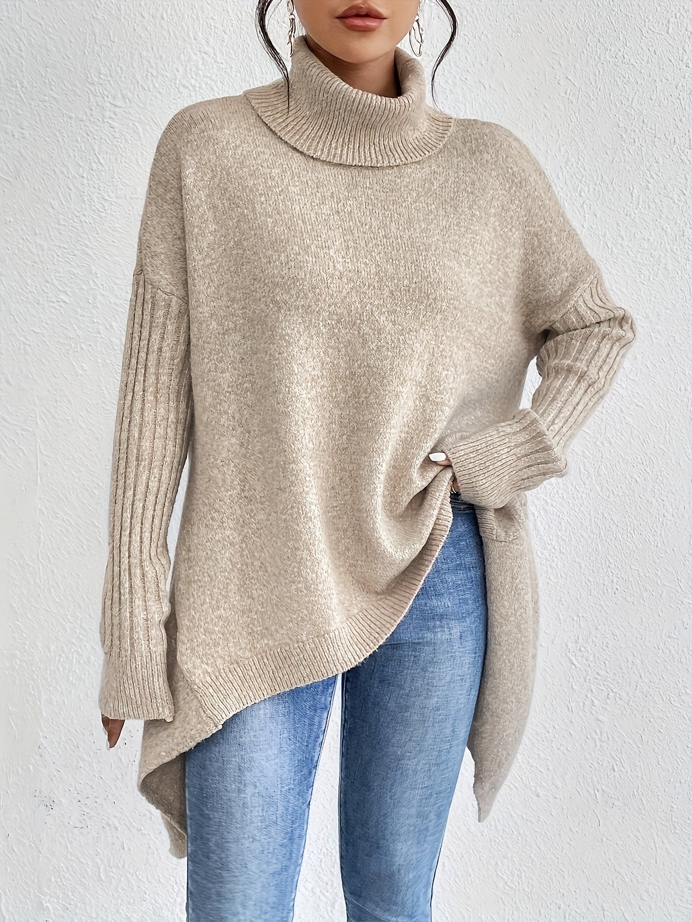 Audrey | Women's High Neck Asymmetrical Drape Knit Sweater