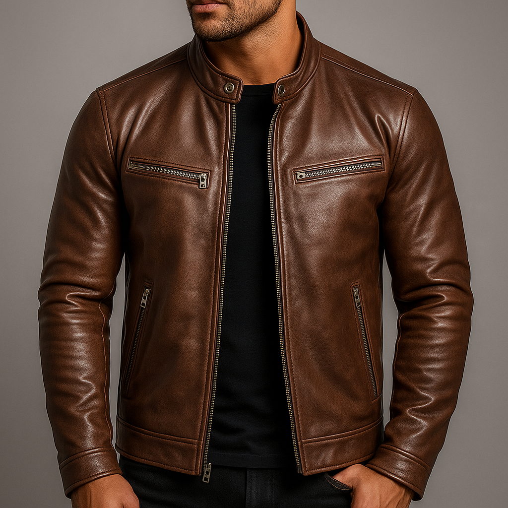 Mens Slim Fit Leather Jacket Classic Moto Biker Style Full Zip