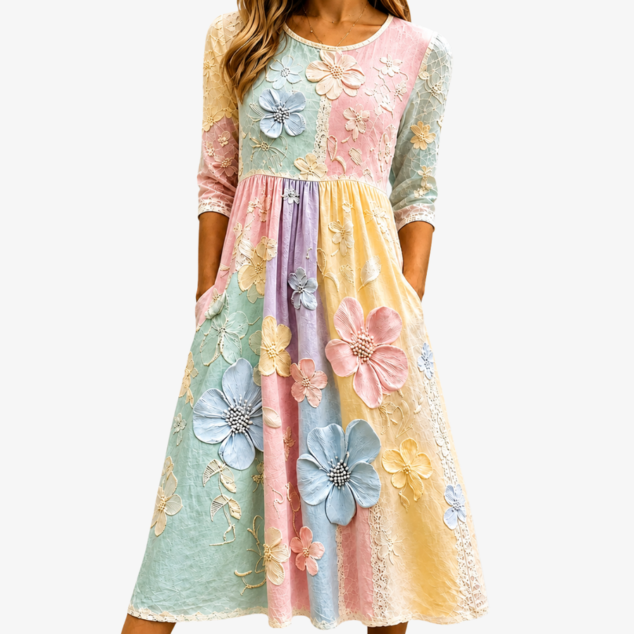 Pastel Bloom Garden Pocket Midi Dress