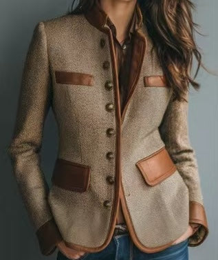 Genevra | Women's Tweed Leather Trim Stand Collar Blazer
