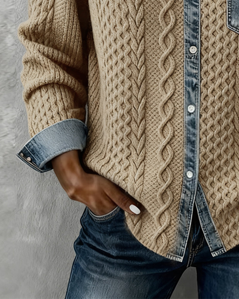 Juliane | Women's Denim-Trim Textured Relaxed Fit Knit Sweater