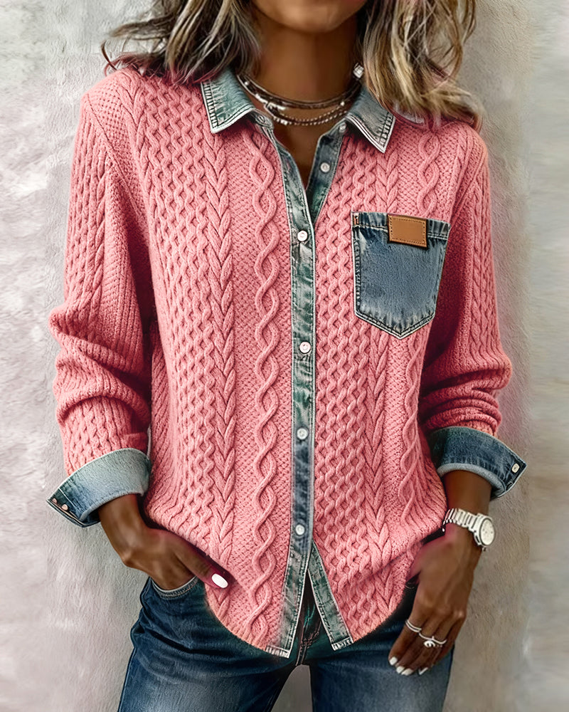 Juliane | Women's Denim-Trim Textured Relaxed Fit Knit Sweater