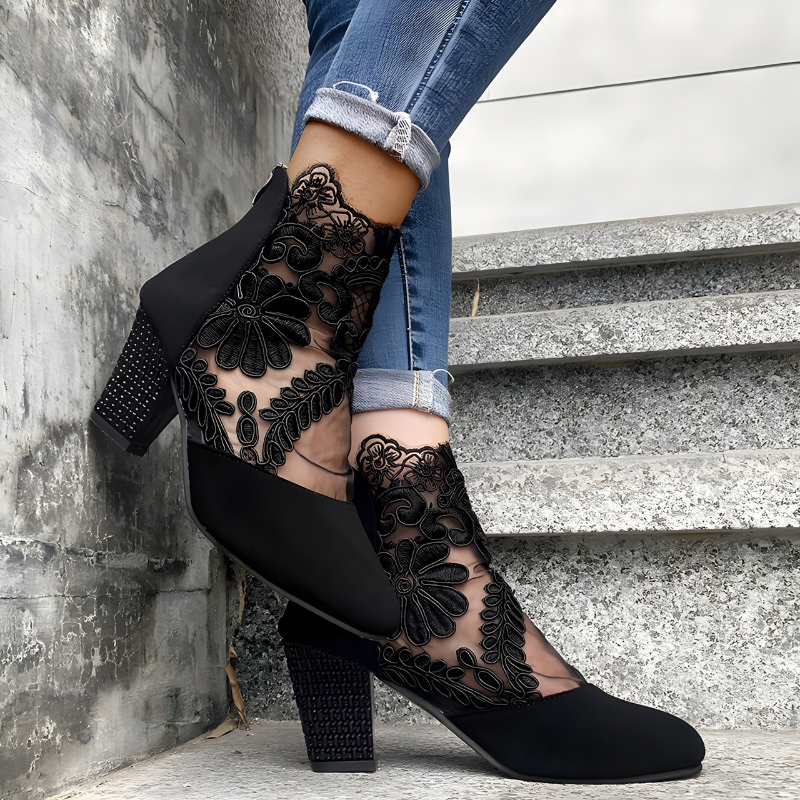 Marisol | Women's Floral Lace Mesh Block Heel Ankle Boots