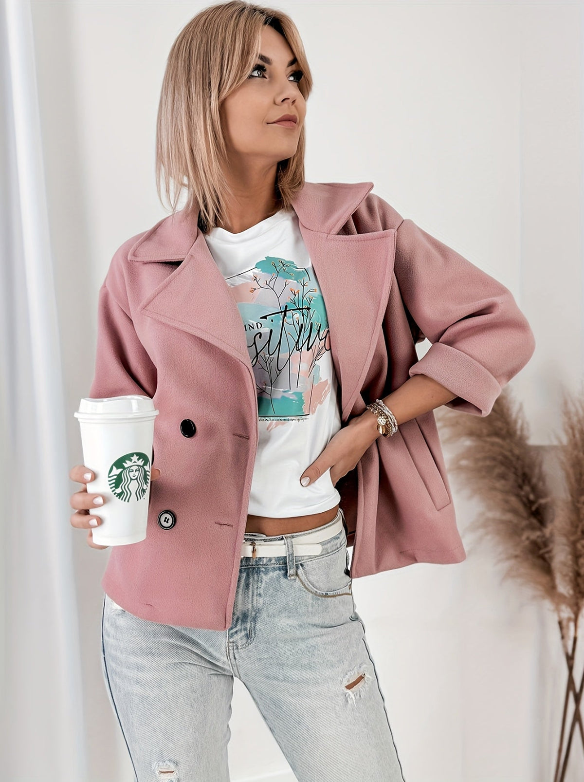 Rosalind | Women's Pink Cropped Pea Coat