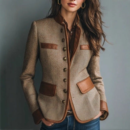 Genevra | Women's Tweed Leather Trim Stand Collar Blazer
