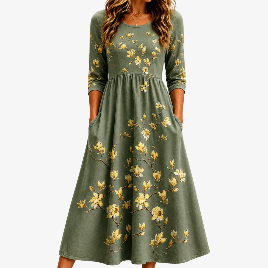 Sage Blossom Grace Pocket Midi Dress