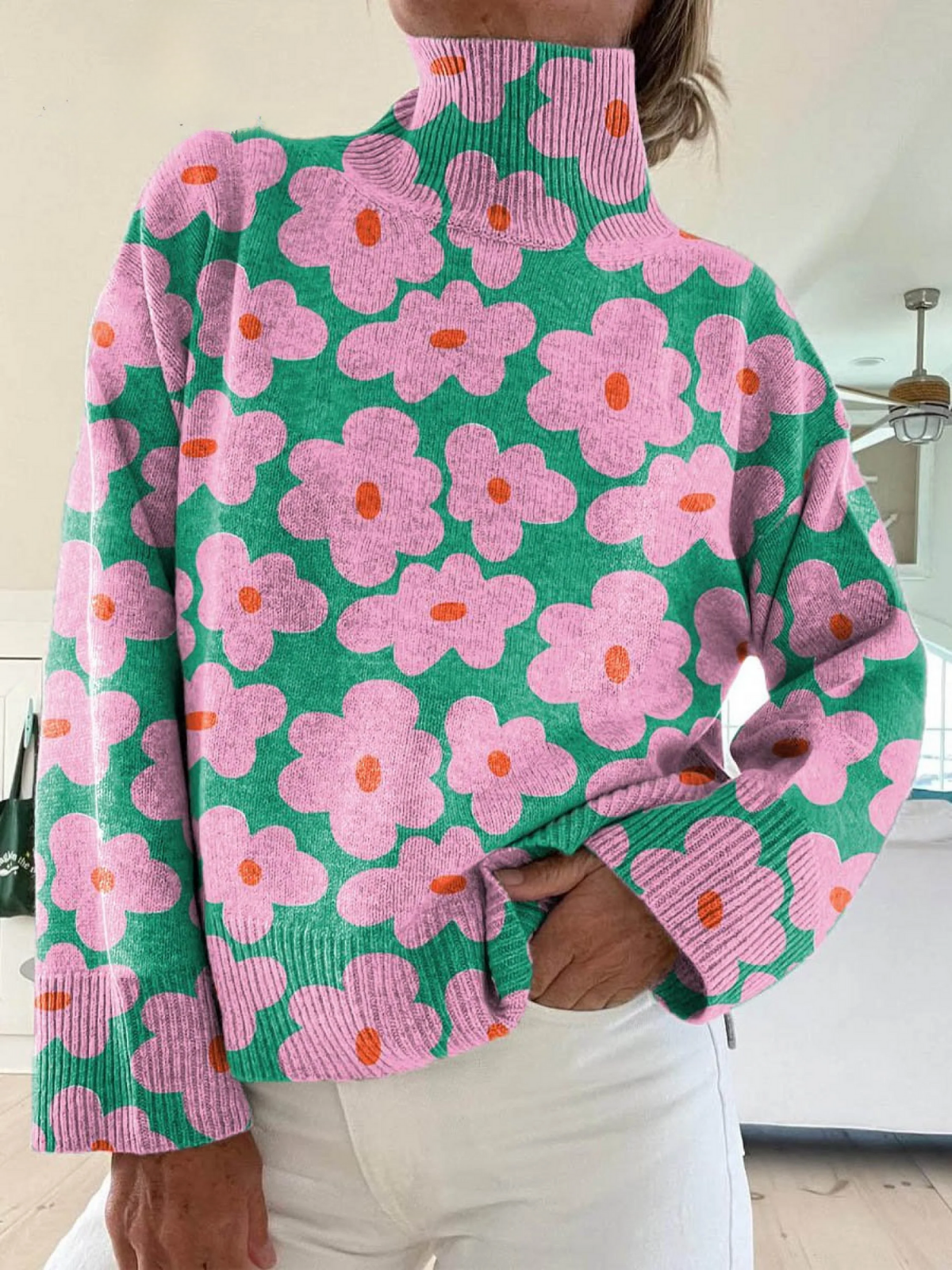 Aspen | Women's Floral Print Ribbed Cuff Knit Sweater