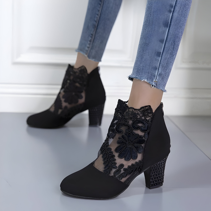 Marisol | Women's Floral Lace Mesh Block Heel Ankle Boots