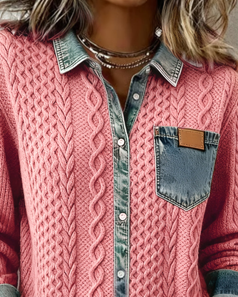 Juliane | Women's Denim-Trim Textured Relaxed Fit Knit Sweater