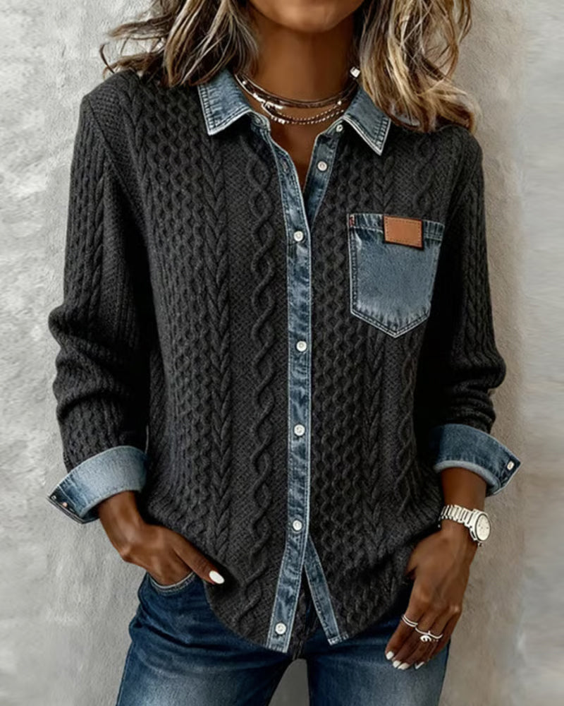 Juliane | Women's Denim-Trim Textured Relaxed Fit Knit Sweater