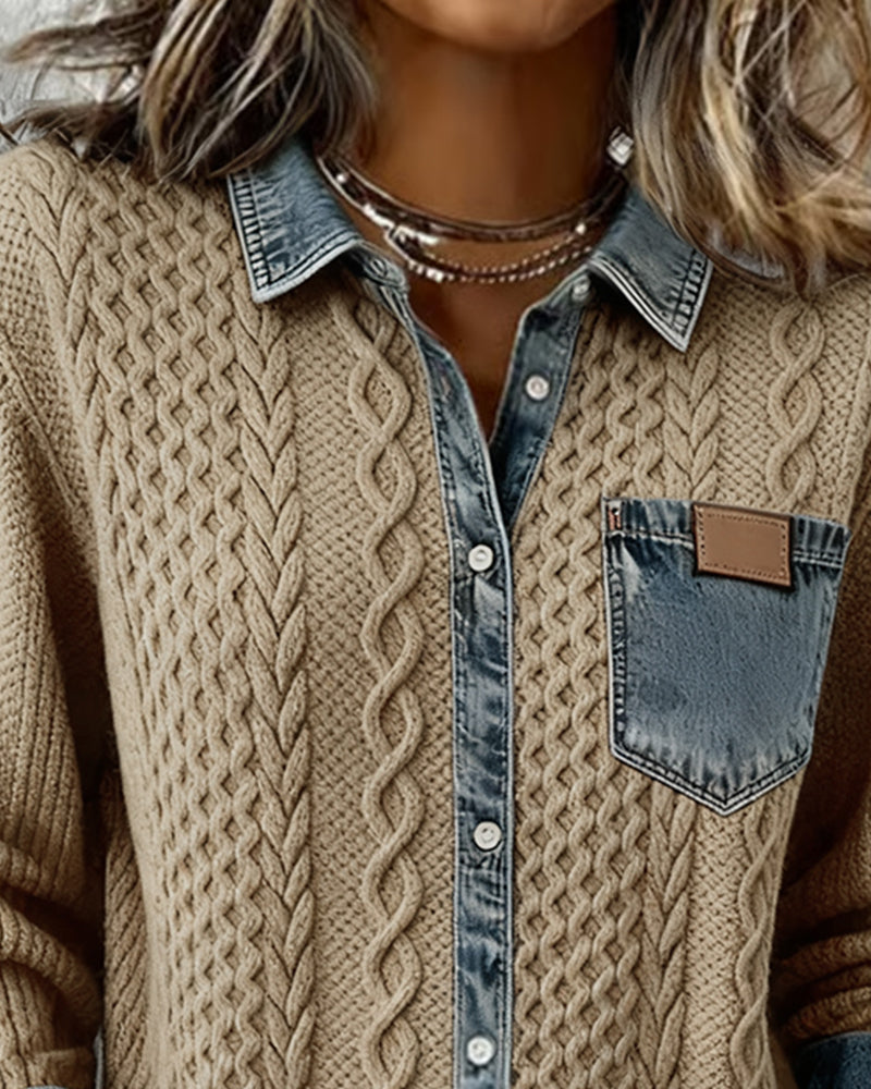 Juliane | Women's Denim-Trim Textured Relaxed Fit Knit Sweater