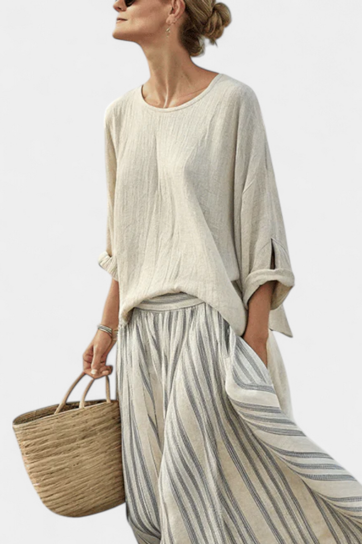 Aurcyn | Blouse Loose Confortable & Jupe Midi Rayée