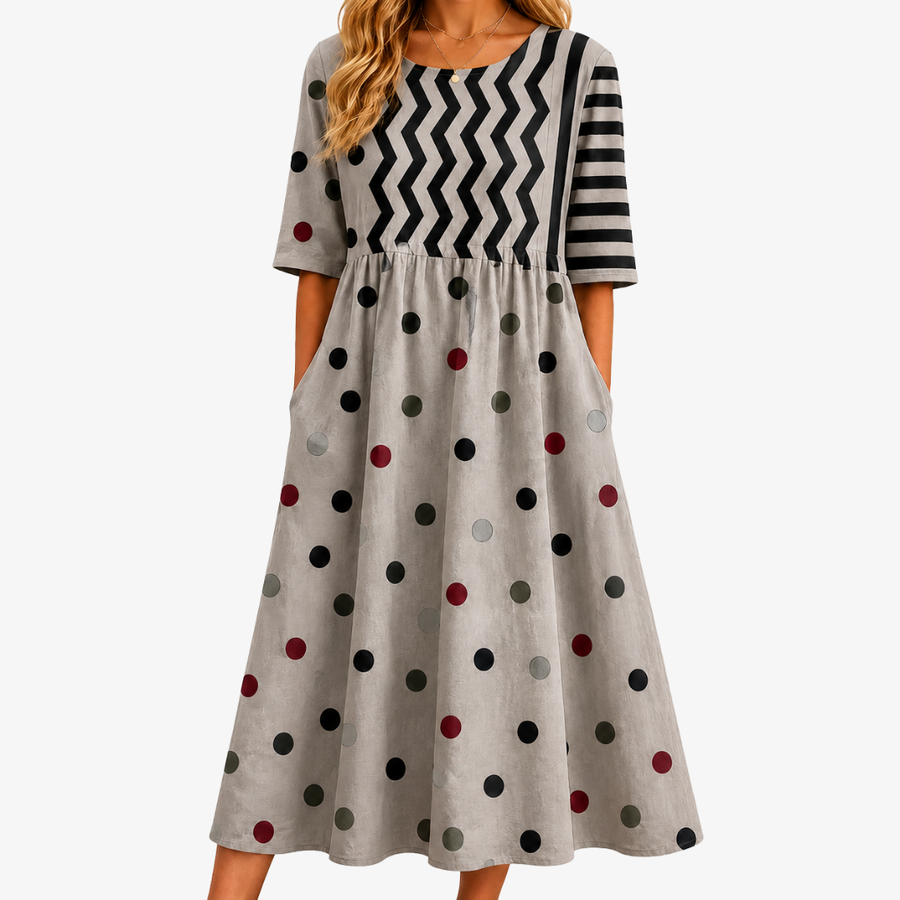 Modern Charm Mixed Print Pocket Midi Dress