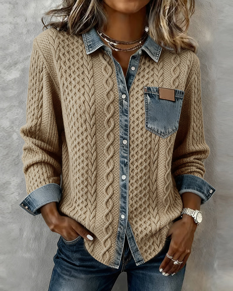 Juliane | Women's Denim-Trim Textured Relaxed Fit Knit Sweater