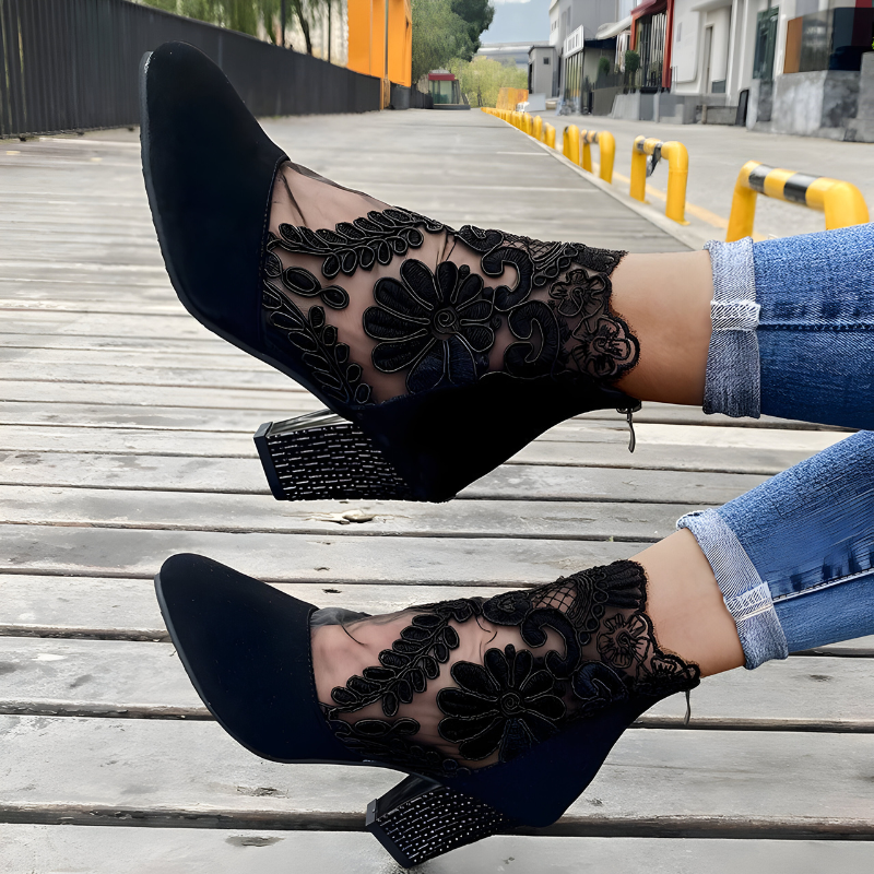 Marisol | Women's Floral Lace Mesh Block Heel Ankle Boots