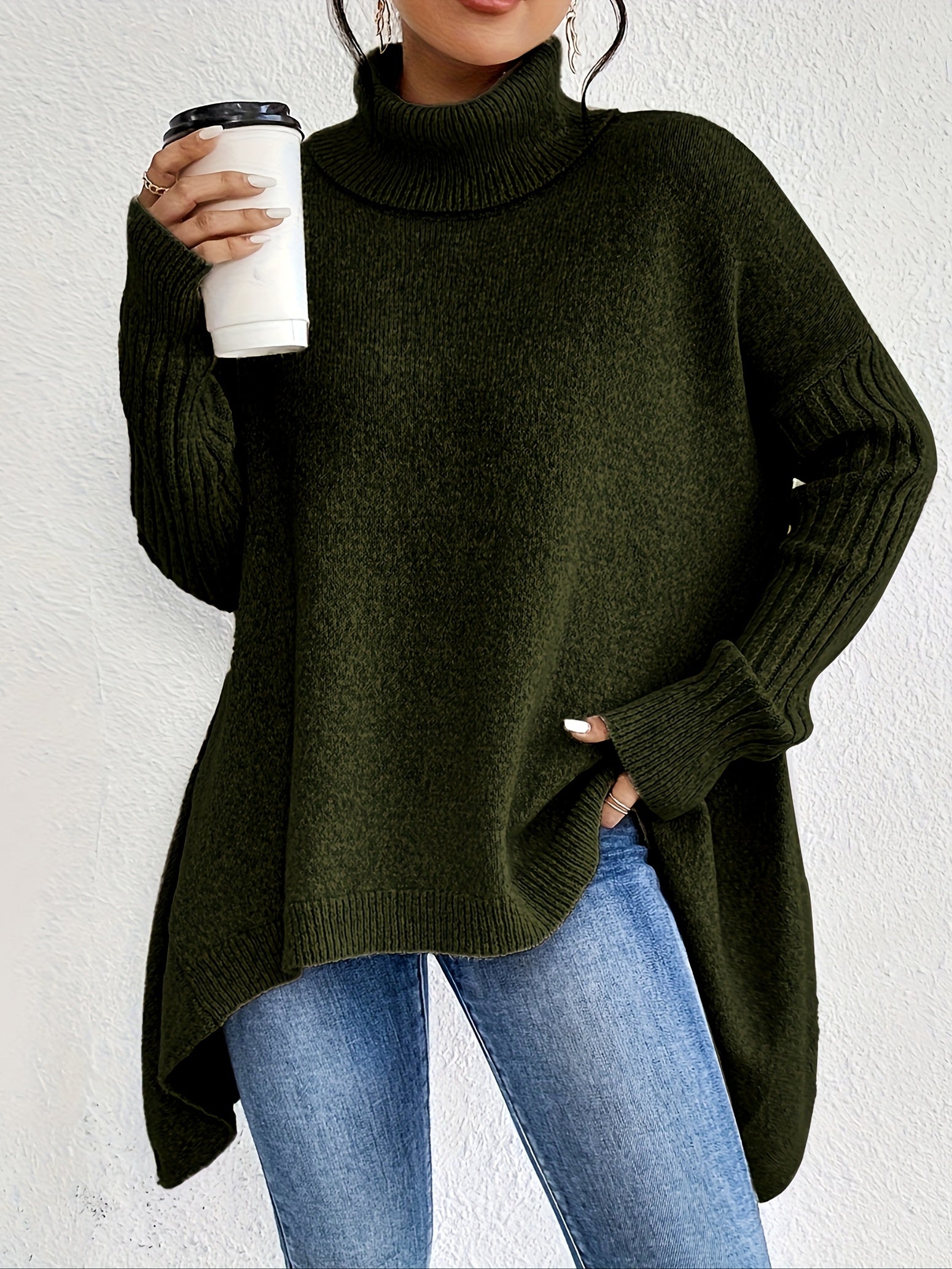 Audrey | Women's High Neck Asymmetrical Drape Knit Sweater