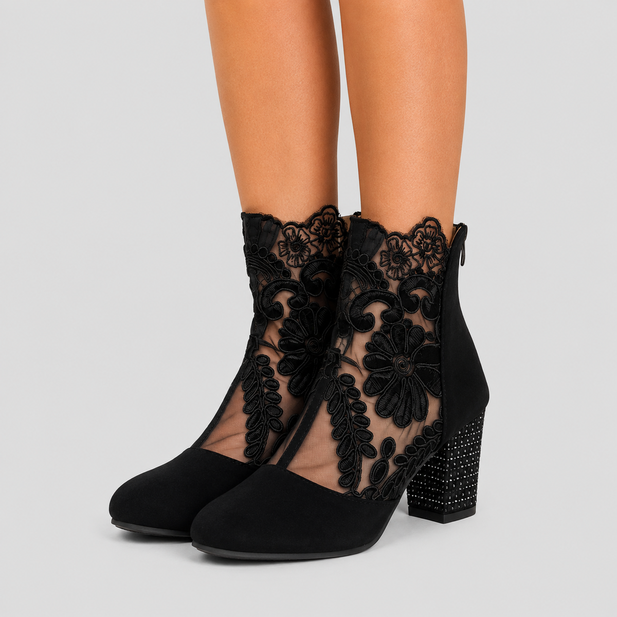 Marisol | Women's Floral Lace Mesh Block Heel Ankle Boots