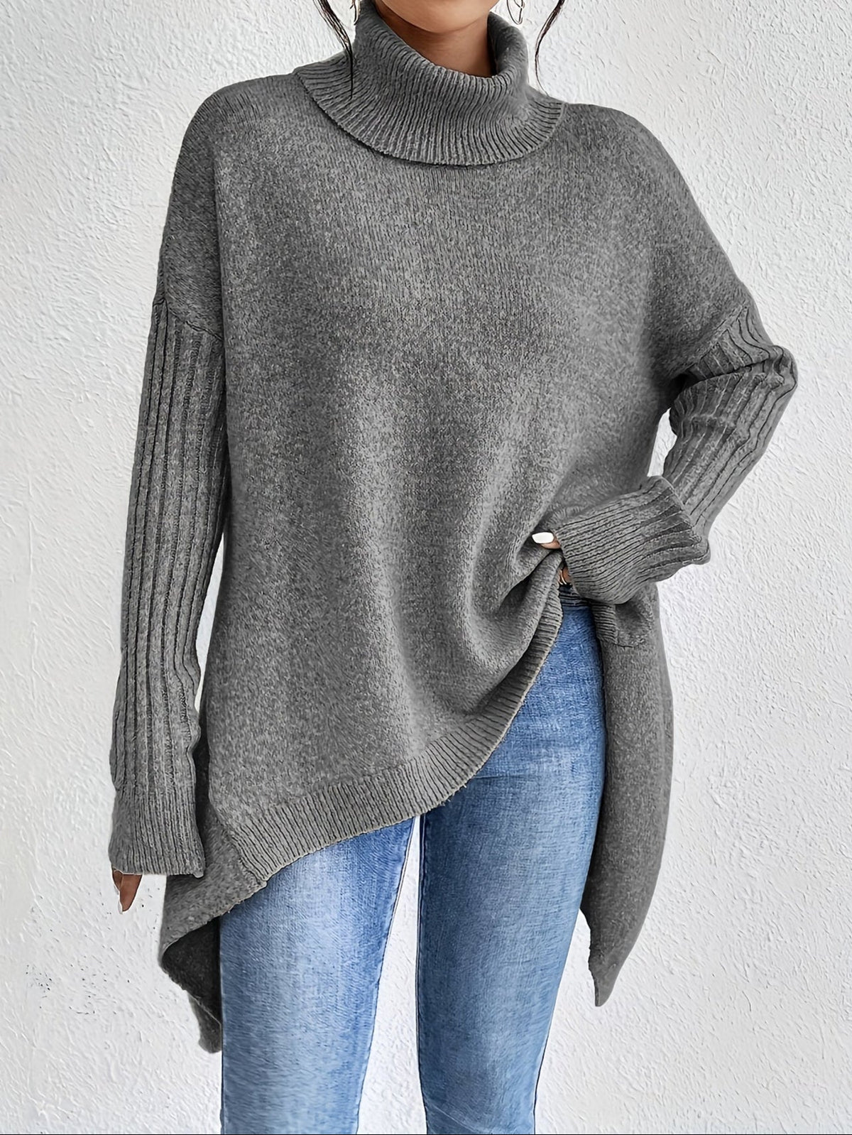 Audrey | Women's High Neck Asymmetrical Drape Knit Sweater