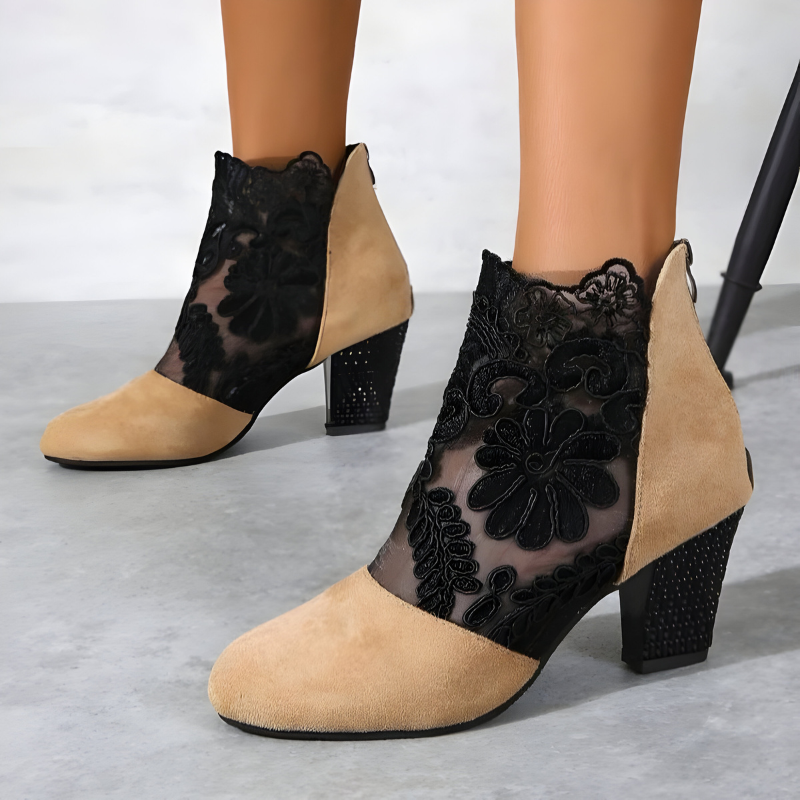 Marisol | Women's Floral Lace Mesh Block Heel Ankle Boots