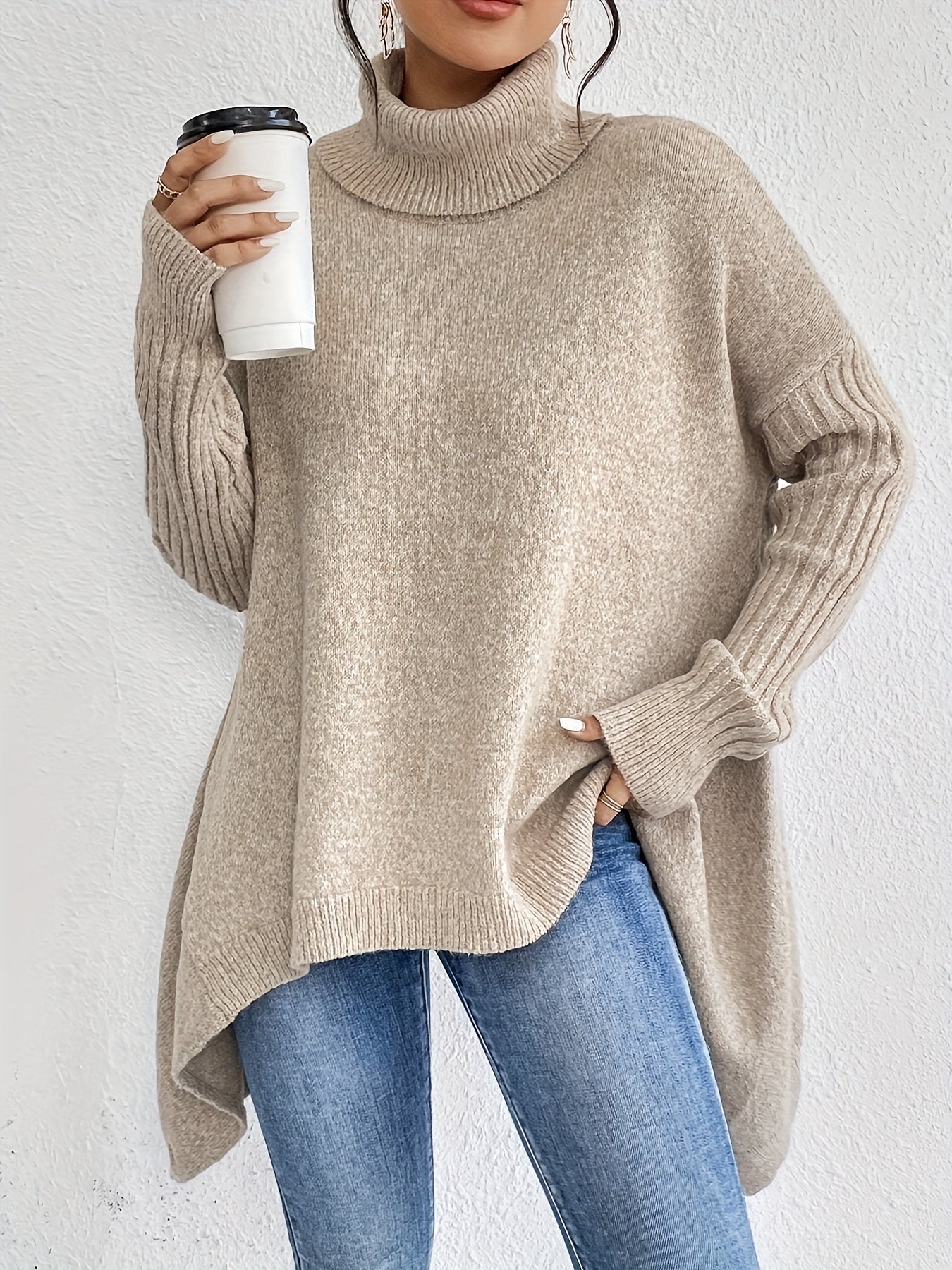 Audrey | Women's High Neck Asymmetrical Drape Knit Sweater
