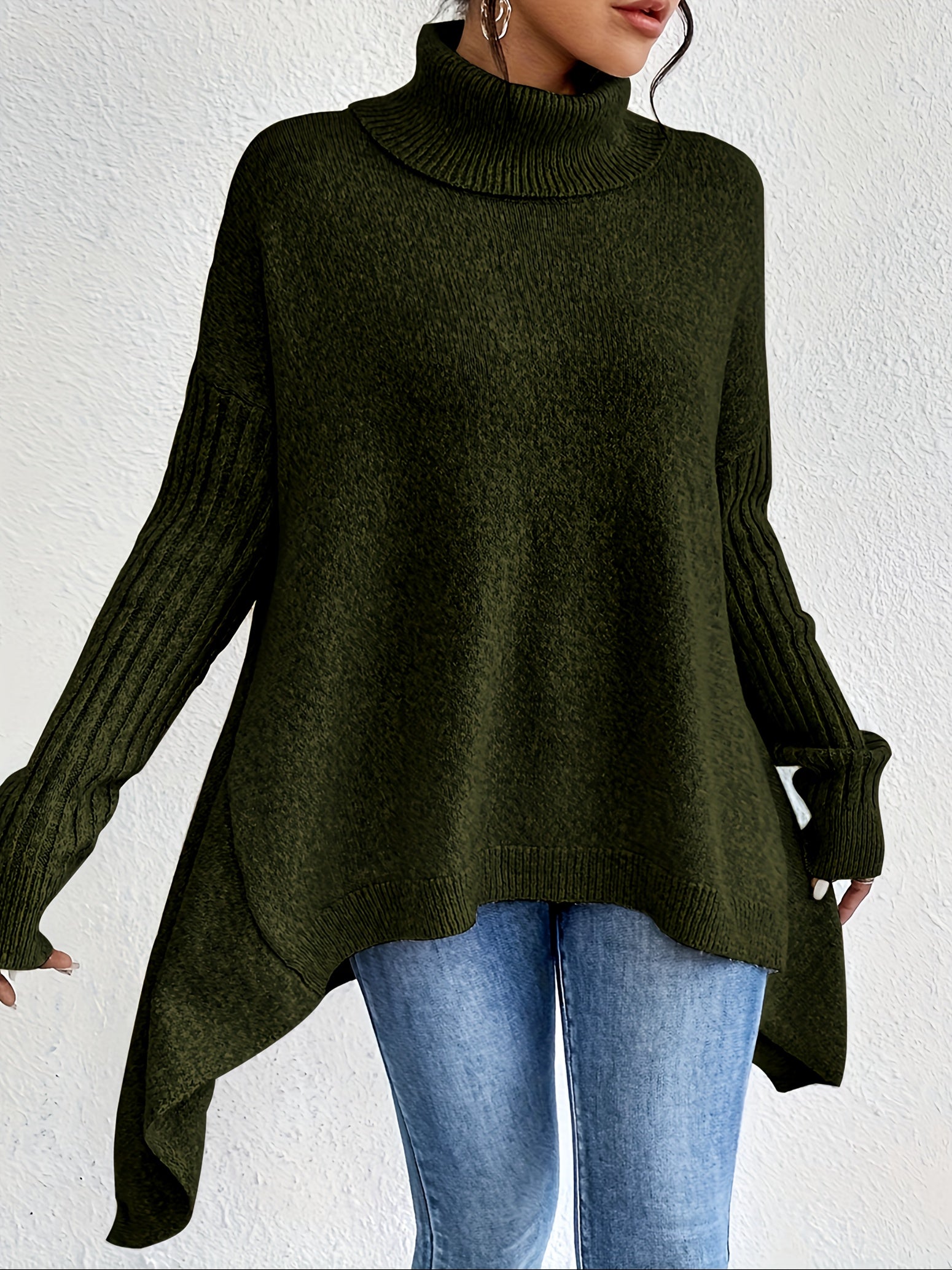 Audrey | Women's High Neck Asymmetrical Drape Knit Sweater