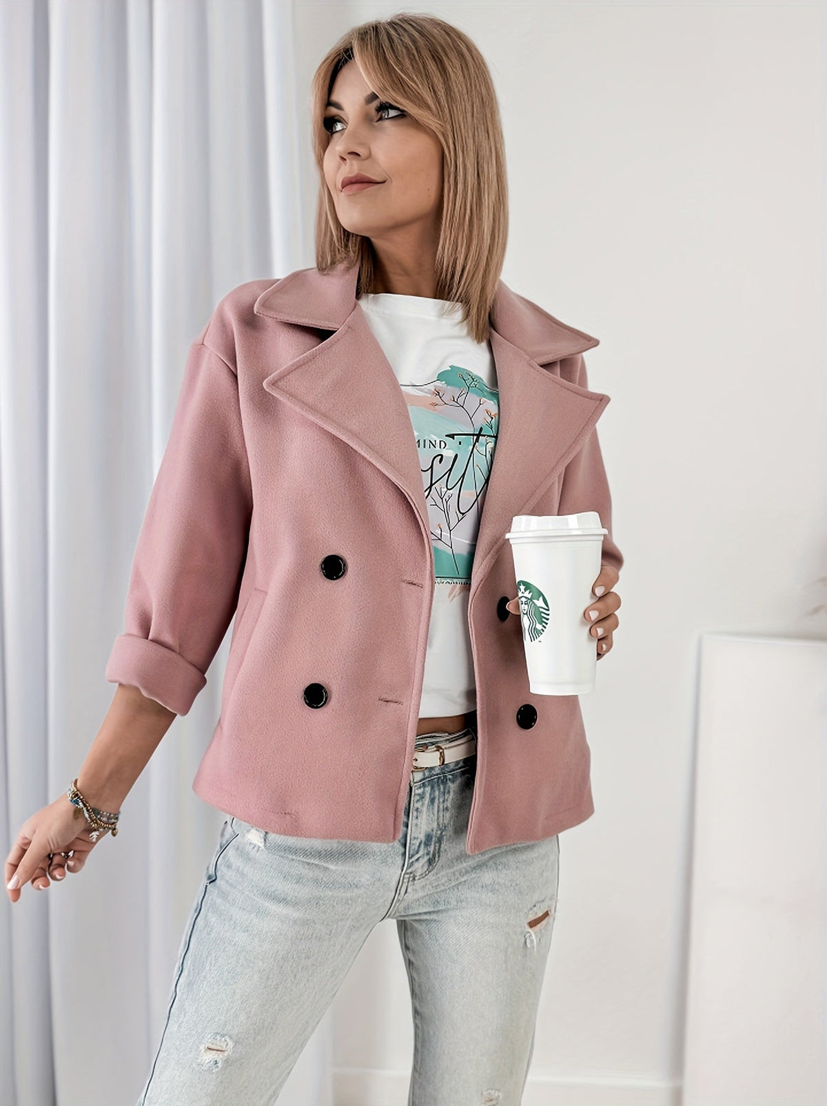 Rosalind | Women's Pink Cropped Pea Coat