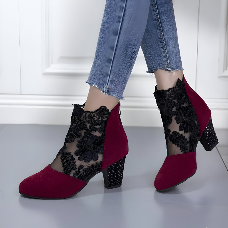 Marisol | Women's Floral Lace Mesh Block Heel Ankle Boots