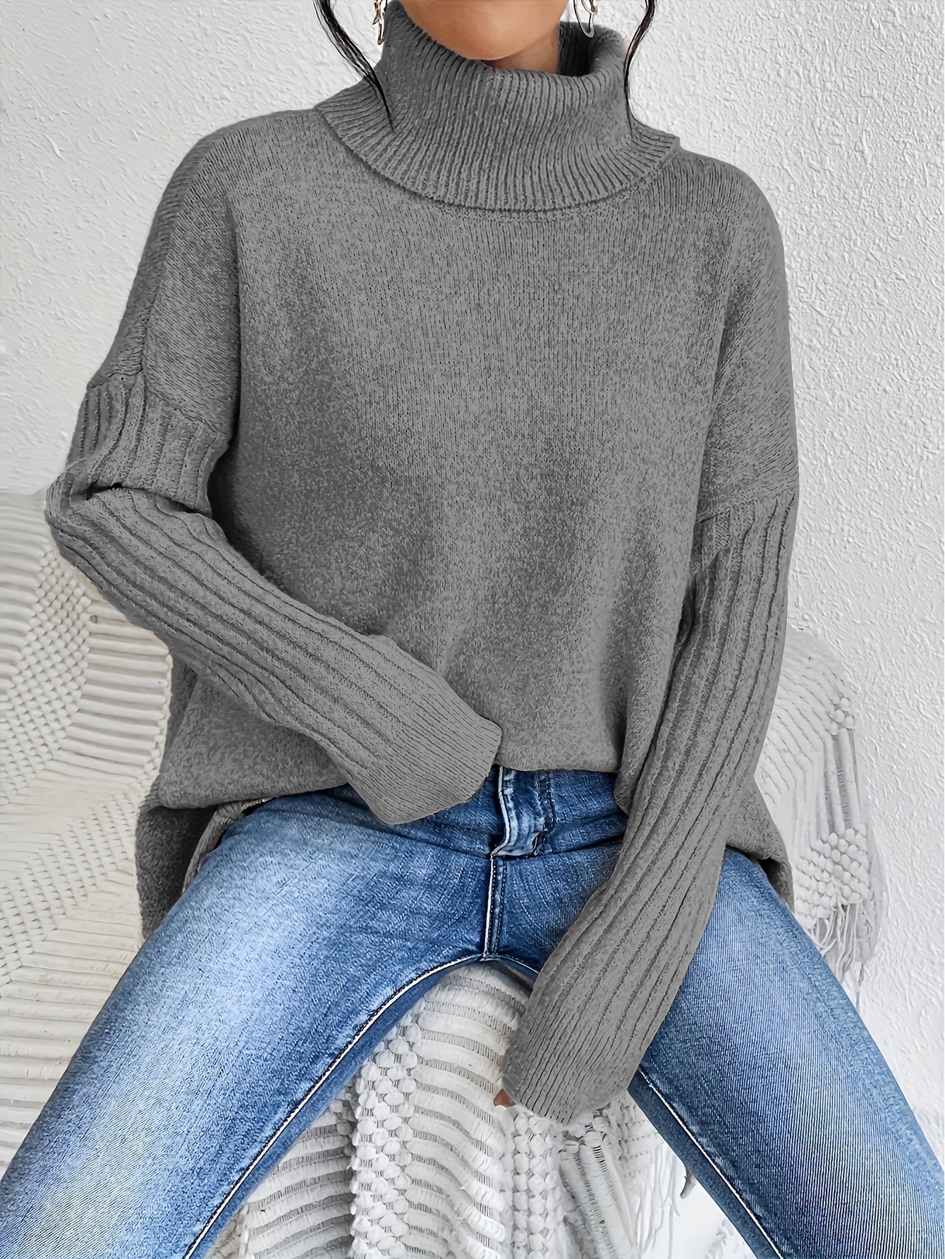 Audrey | Women's High Neck Asymmetrical Drape Knit Sweater