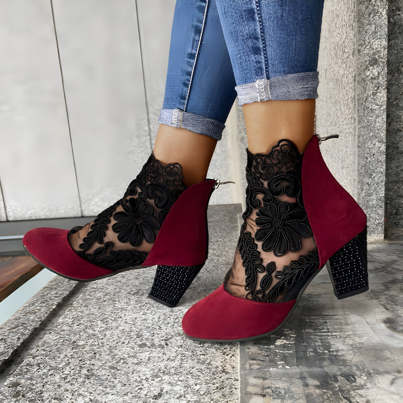 Marisol | Women's Floral Lace Mesh Block Heel Ankle Boots
