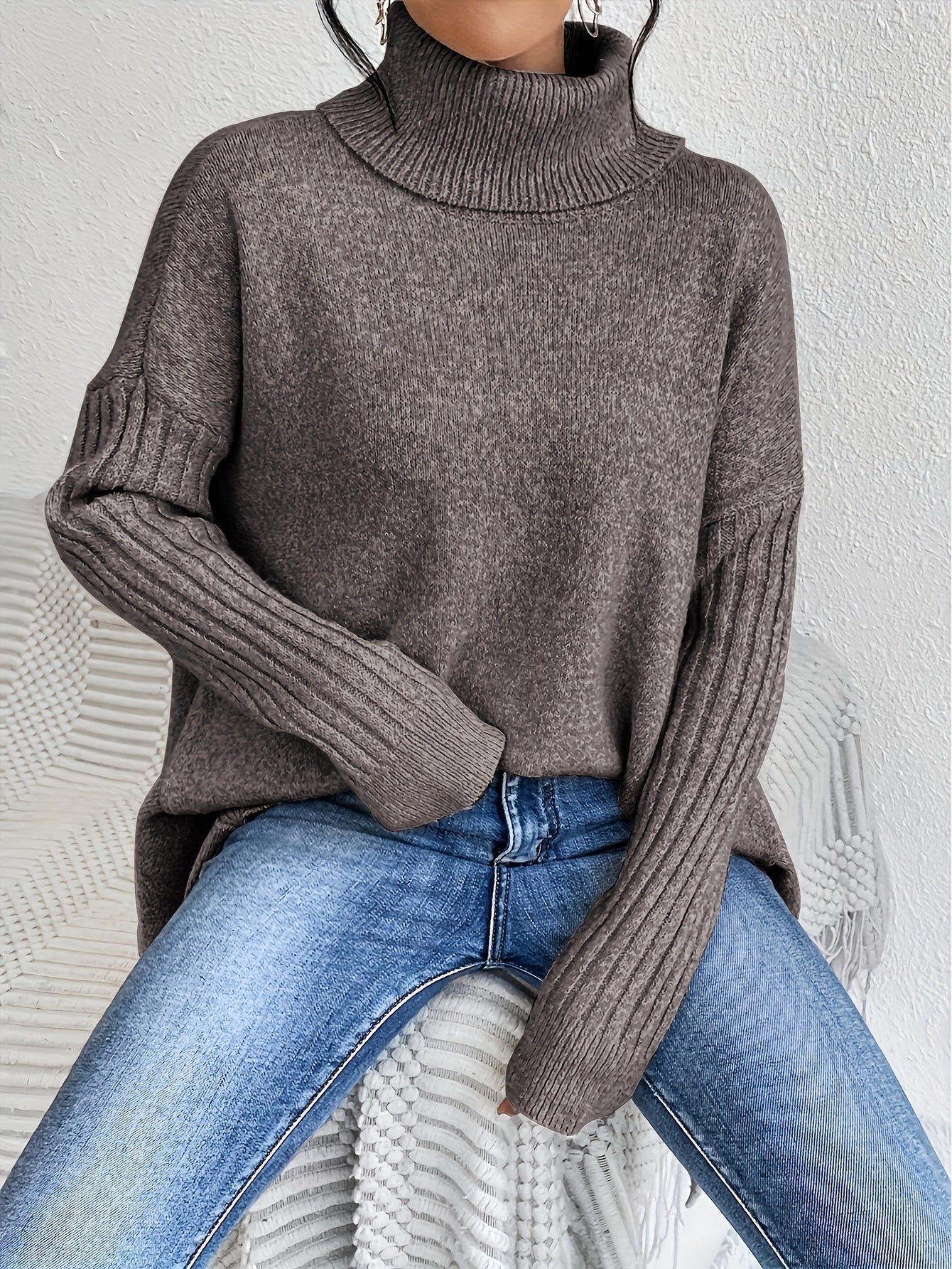 Audrey | Women's High Neck Asymmetrical Drape Knit Sweater