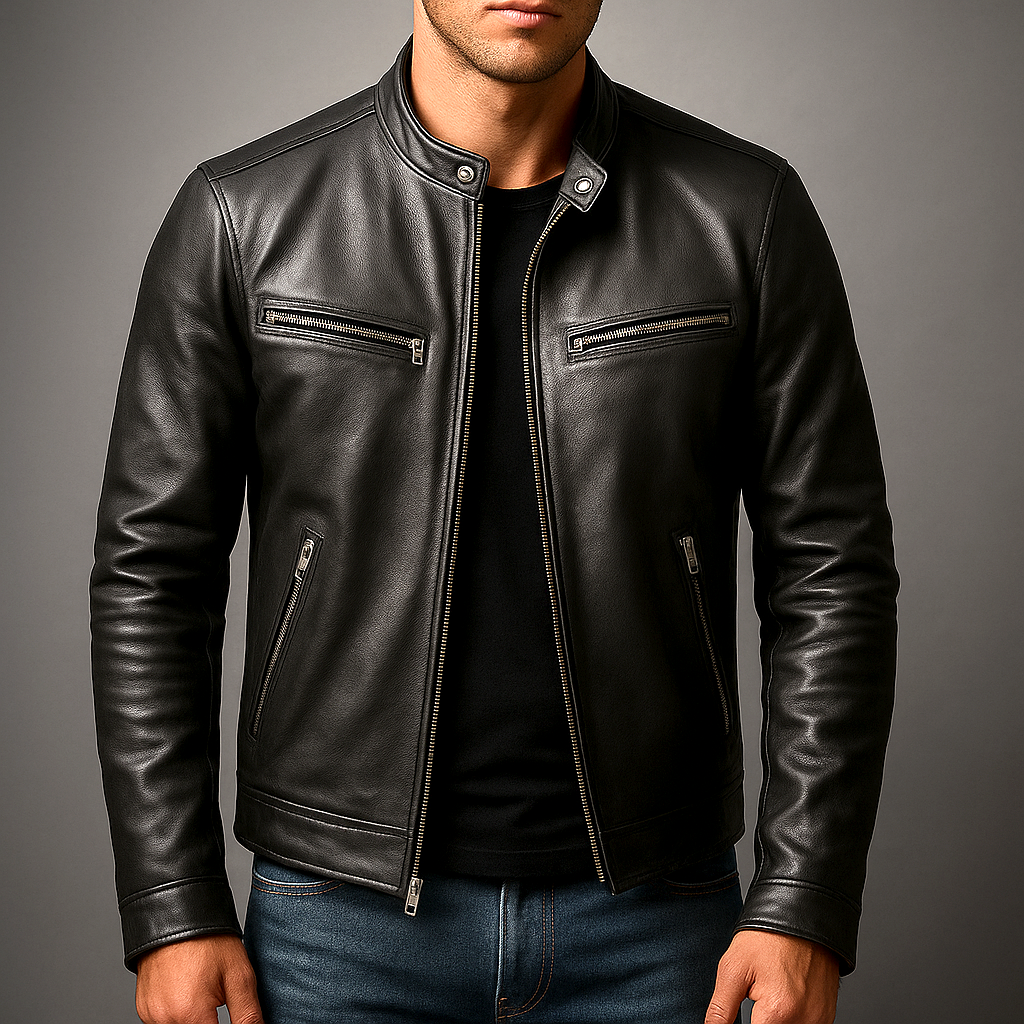 Mens Slim Fit Leather Jacket Classic Moto Biker Style Full Zip