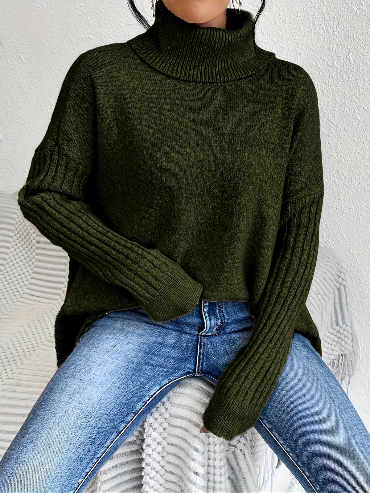 Audrey | Women's High Neck Asymmetrical Drape Knit Sweater