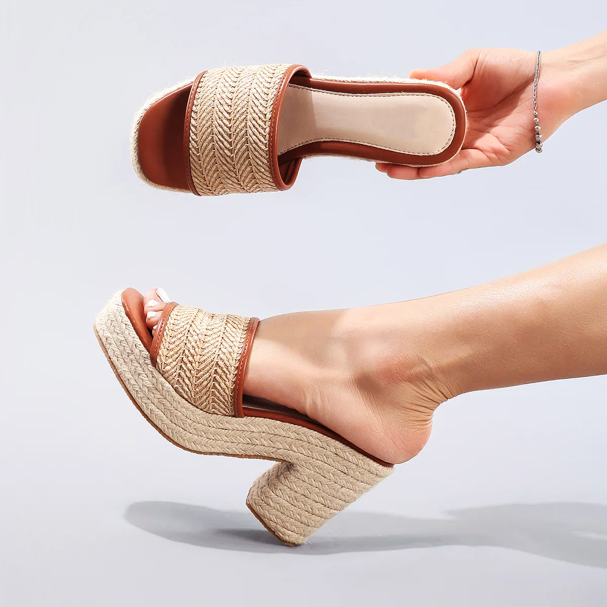 Solara | Women's Woven Jute Platform Block Heel Comfortable Slides