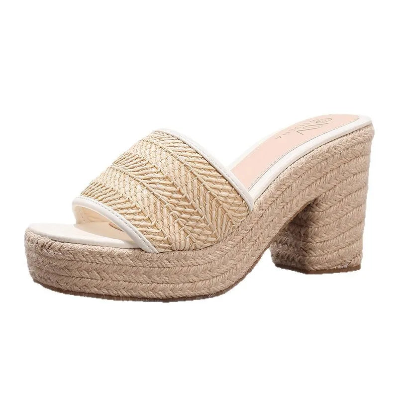 Solara | Women's Woven Jute Platform Block Heel Comfortable Slides