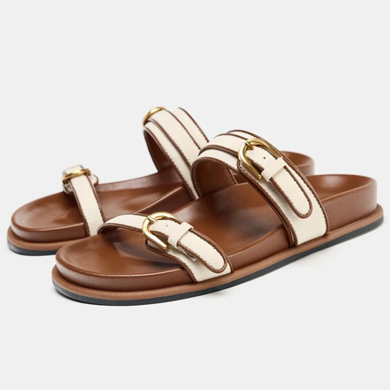 Leona | Women's Double Strap Canvas Gold Buckle Comfortable Slides