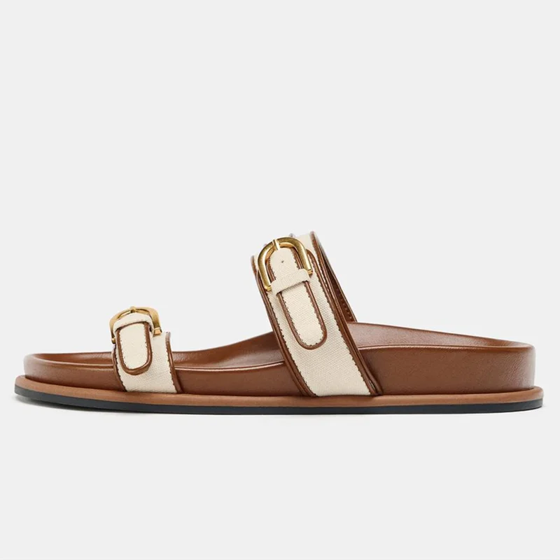 Leona | Women's Double Strap Canvas Gold Buckle Comfortable Slides