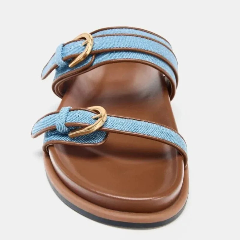 Leona | Women's Double Strap Canvas Gold Buckle Comfortable Slides