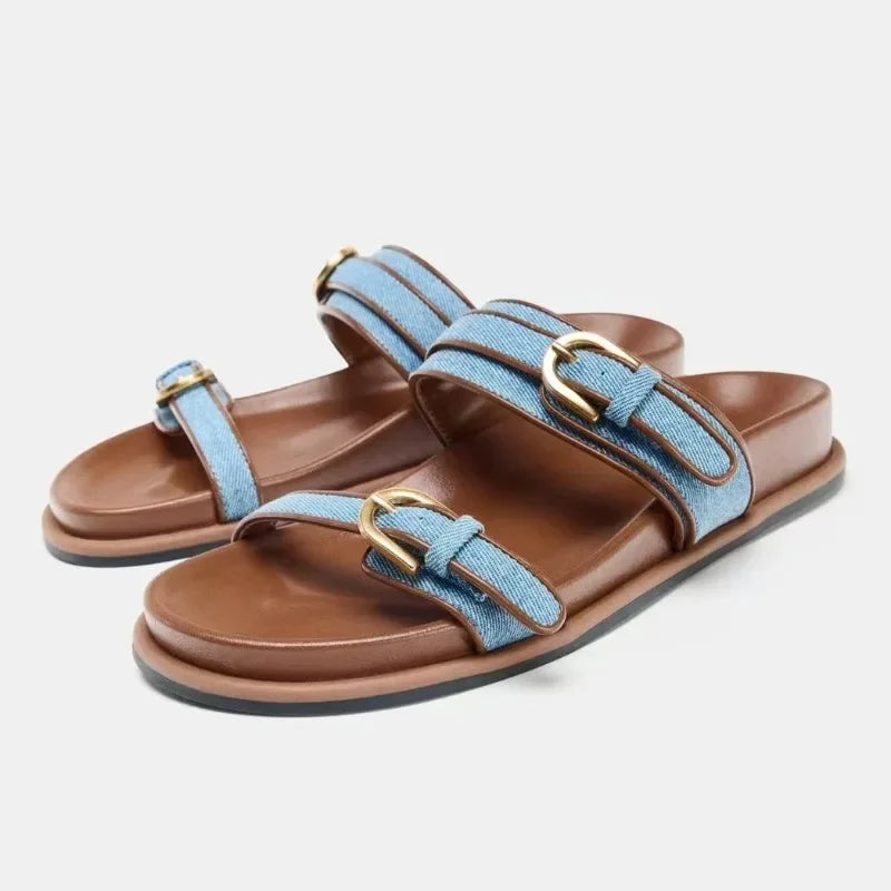 Leona | Women's Double Strap Canvas Gold Buckle Comfortable Slides