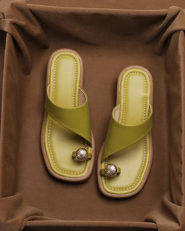 Marina | Women's Leather Toe Ring Block Heel Comfortable Slides