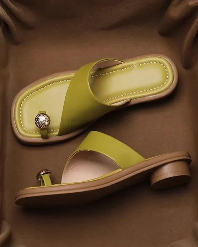 Marina | Women's Leather Toe Ring Block Heel Comfortable Slides