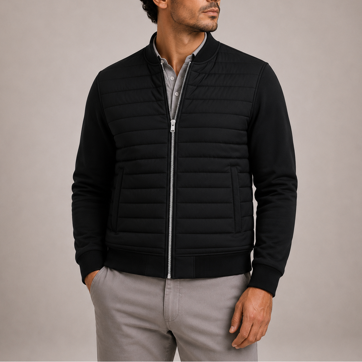 Liam | Men's Quilted Zip-Up Bomber Jacket Ribbed Trim