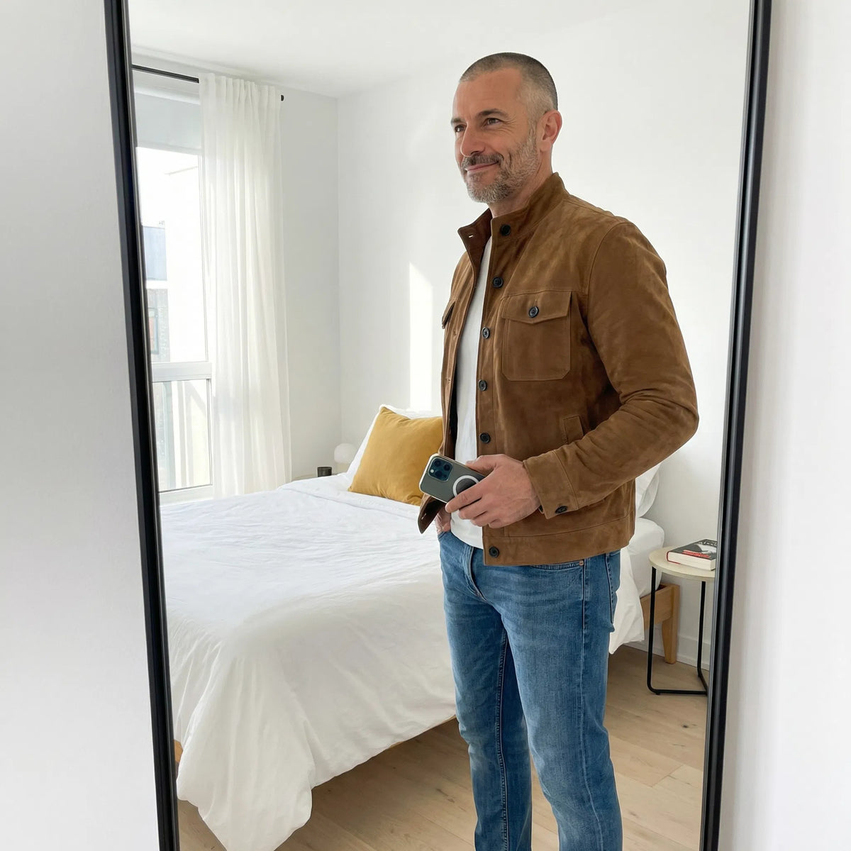 Thomas | Mens Suede Bomber Jacket Button Up Field Style